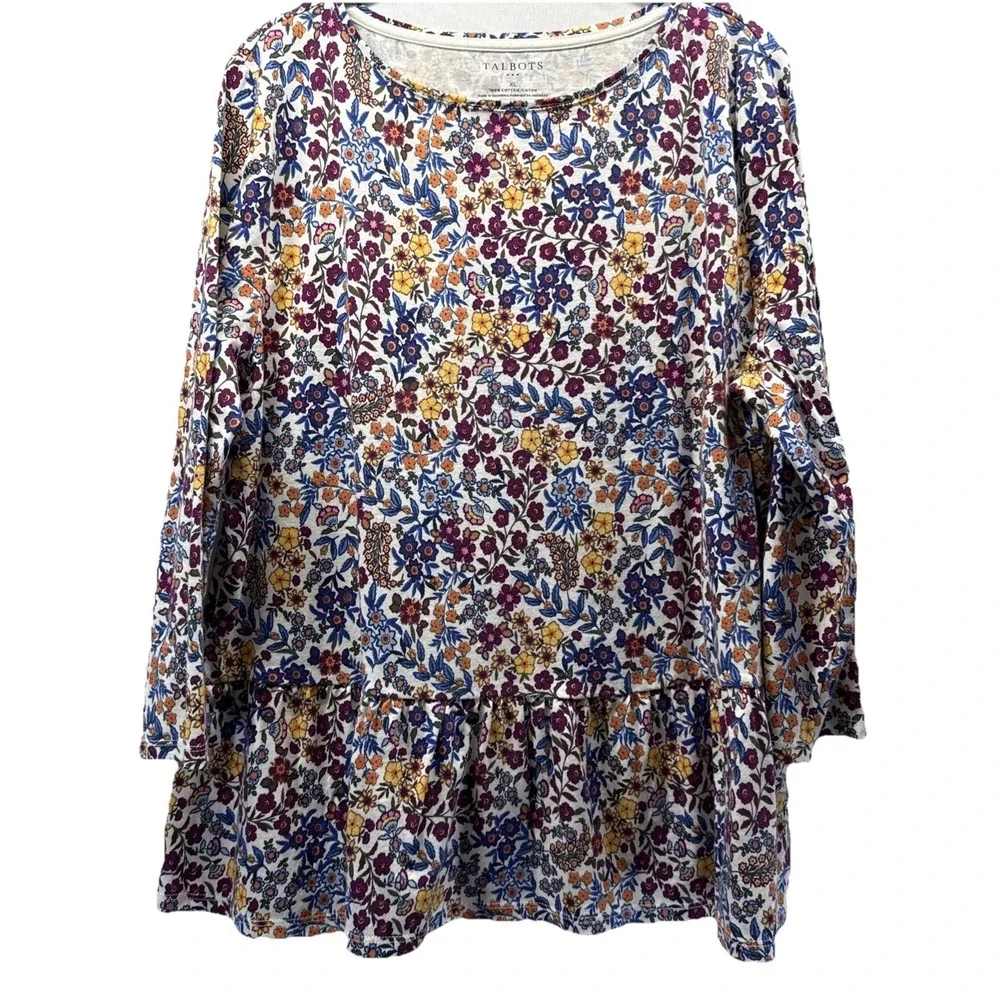 Talbots Womens Top Sz XL Colorful 100% Cotton Layered Ruffle 3/4 Sleeve Pullover
